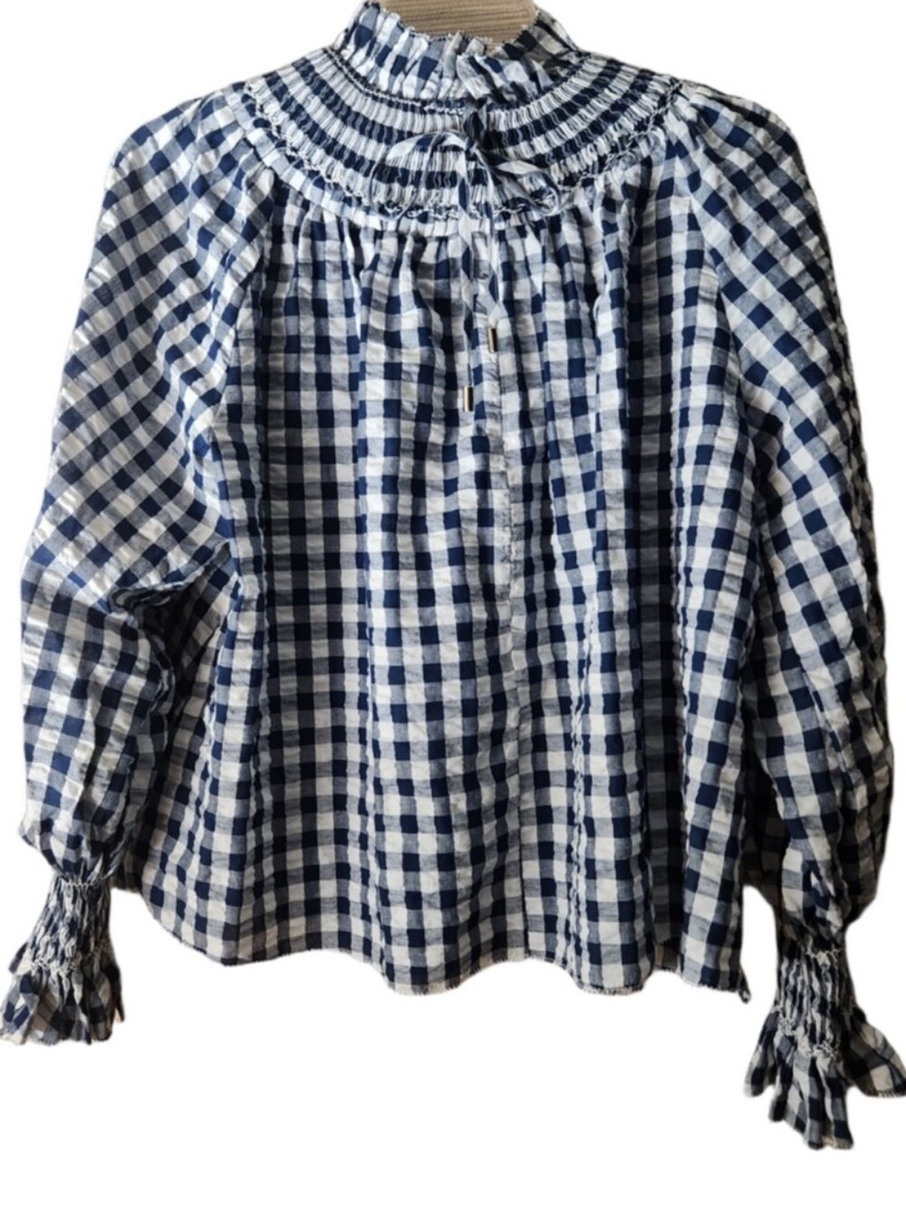Hunter Bell Hayes Smocked High-Neck Gingham Blouse - Navy/White XSmall - Picture 5 of 12